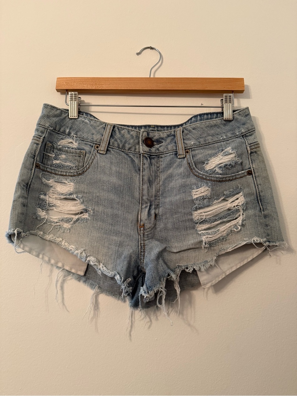 American Eagle Outfitters Faded Blue Distressed high waisted Denim Cutoff Shorts